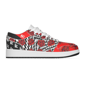 Red Black Rose Checkered Women's Low State Leather Stitching Shoes