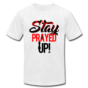 Stay Prayed Up Red and Black Unisex Jersey T-Shirt by Bella + Canvas - white