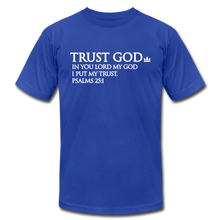 Load image into Gallery viewer, Trust God Unisex Jersey T-Shirt by Bella + Canvas - royal blue
